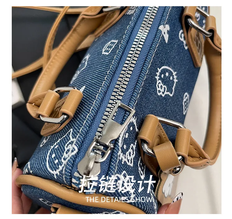 Cute Kitty Cat Denim Bowling Bag - Versatile Handbag & Crossbody, Stylish Contrast Color Design for Women and Girls showcase 7