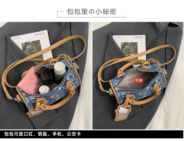 Cute Kitty Cat Denim Bowling Bag - Versatile Handbag & Crossbody, Stylish Contrast Color Design for Women and Girls showcase 2