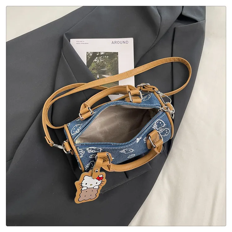 Cute Kitty Cat Denim Bowling Bag - Versatile Handbag & Crossbody, Stylish Contrast Color Design for Women and Girls showcase 20