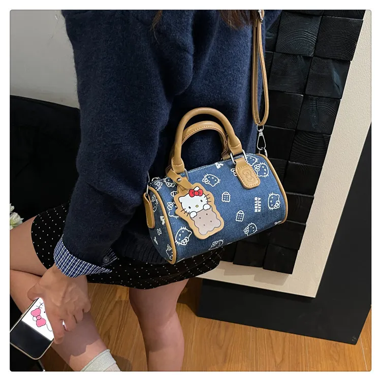 Cute Kitty Cat Denim Bowling Bag - Versatile Handbag & Crossbody, Stylish Contrast Color Design for Women and Girls showcase 16