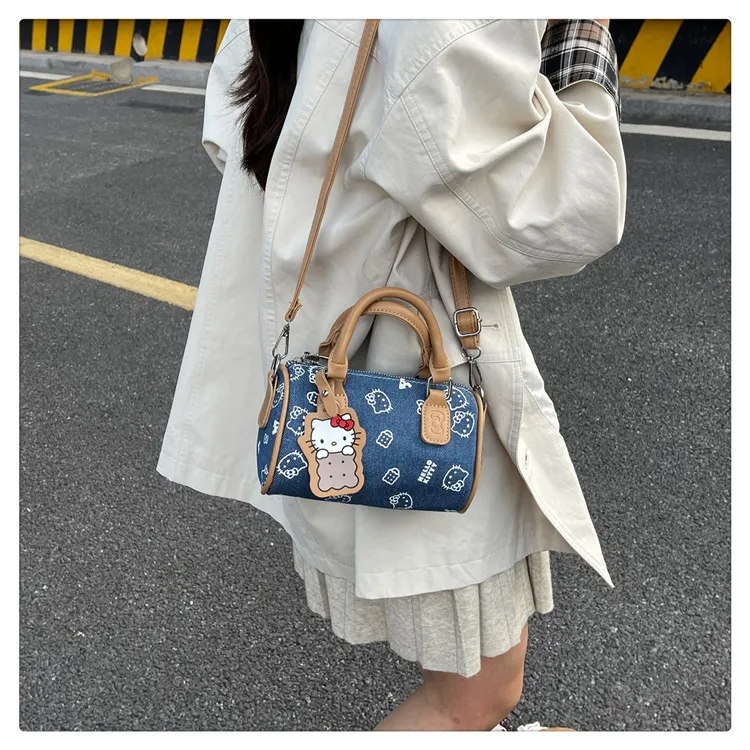 Cute Kitty Cat Denim Bowling Bag - Versatile Handbag & Crossbody, Stylish Contrast Color Design for Women and Girls showcase 19