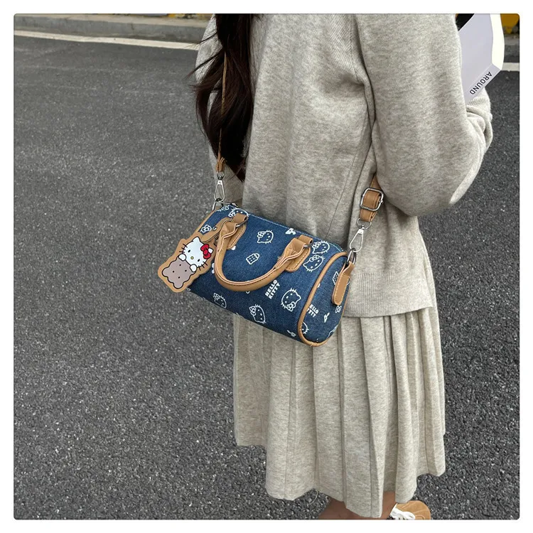 Cute Kitty Cat Denim Bowling Bag - Versatile Handbag & Crossbody, Stylish Contrast Color Design for Women and Girls showcase 18