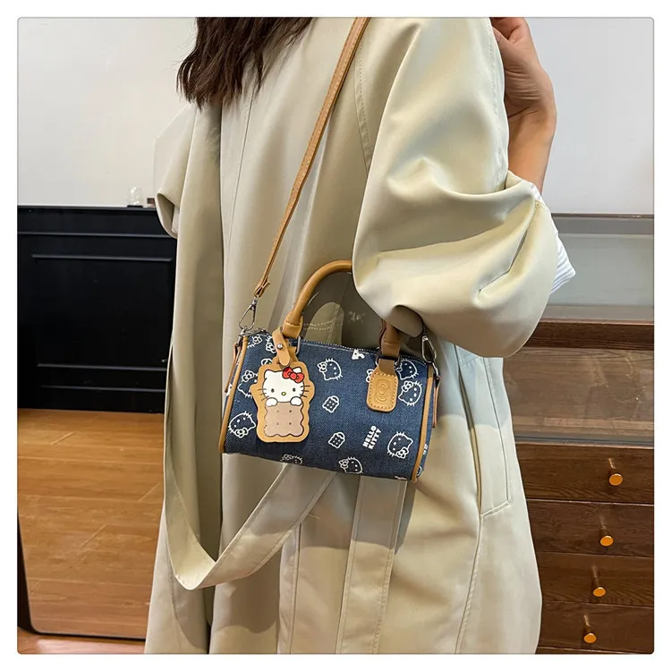 Cute Kitty Cat Denim Bowling Bag - Versatile Handbag & Crossbody, Stylish Contrast Color Design for Women and Girls showcase 17