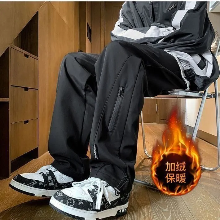 Men's Fleece-Lined Cargo Pants - Autumn/Winter American Style Loose Fit Straight Leg Casual Sports Trousers for Outdoor Activities thumbnail 3