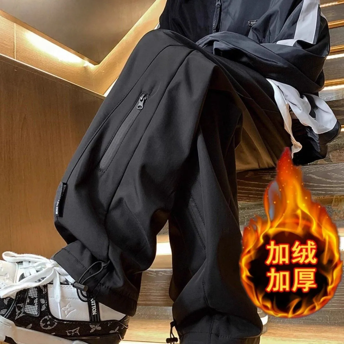 Men's Fleece-Lined Cargo Pants - Autumn/Winter American Style Loose Fit Straight Leg Casual Sports Trousers for Outdoor Activities thumbnail 4