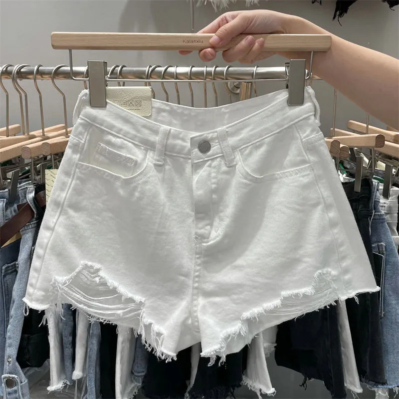 Women's Woolen Denim Shorts - Loose Fit Korean Style A-Line Hot Pants with Holes, Plus Size for Chubby Girls, Perfect for Summer Fashion thumbnail 2