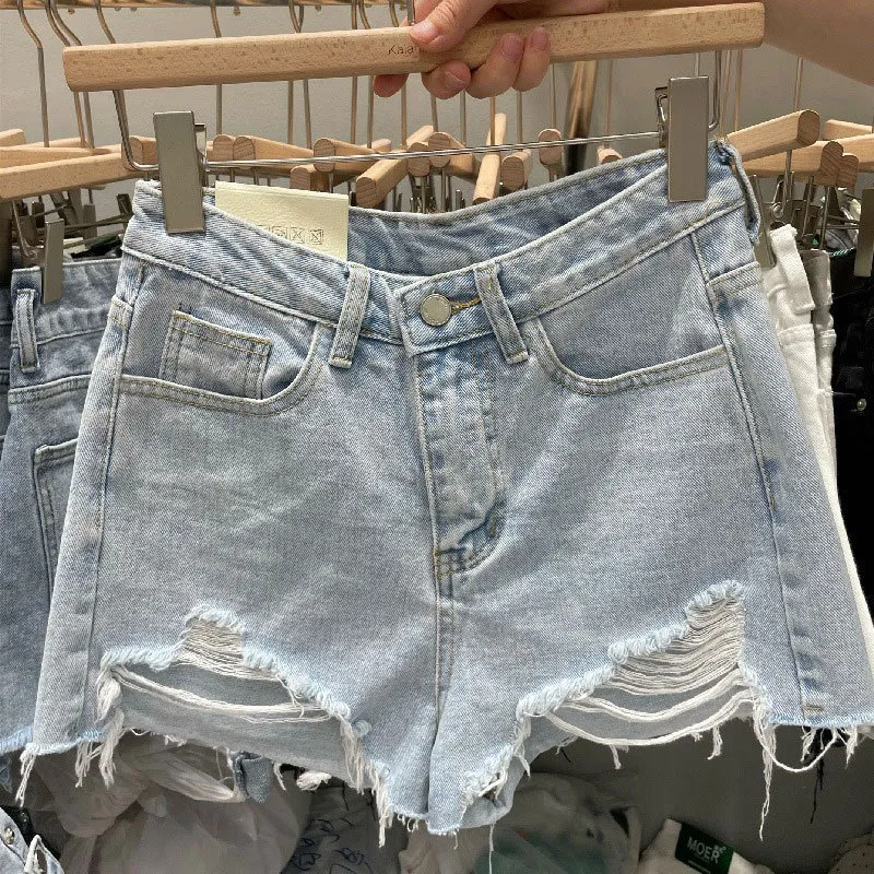 Women's Woolen Denim Shorts - Loose Fit Korean Style A-Line Hot Pants with Holes, Plus Size for Chubby Girls, Perfect for Summer Fashion thumbnail 3