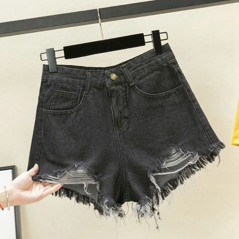Women's Woolen Denim Shorts - Loose Fit Korean Style A-Line Hot Pants with Holes, Plus Size for Chubby Girls, Perfect for Summer Fashion thumbnail 8
