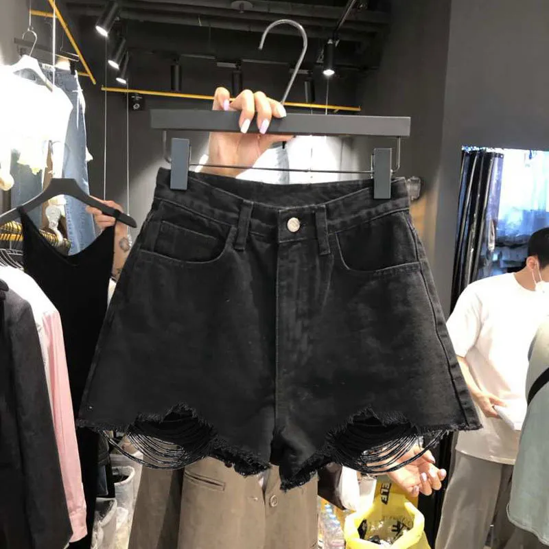 Women's Woolen Denim Shorts - Loose Fit Korean Style A-Line Hot Pants with Holes, Plus Size for Chubby Girls, Perfect for Summer Fashion thumbnail 6