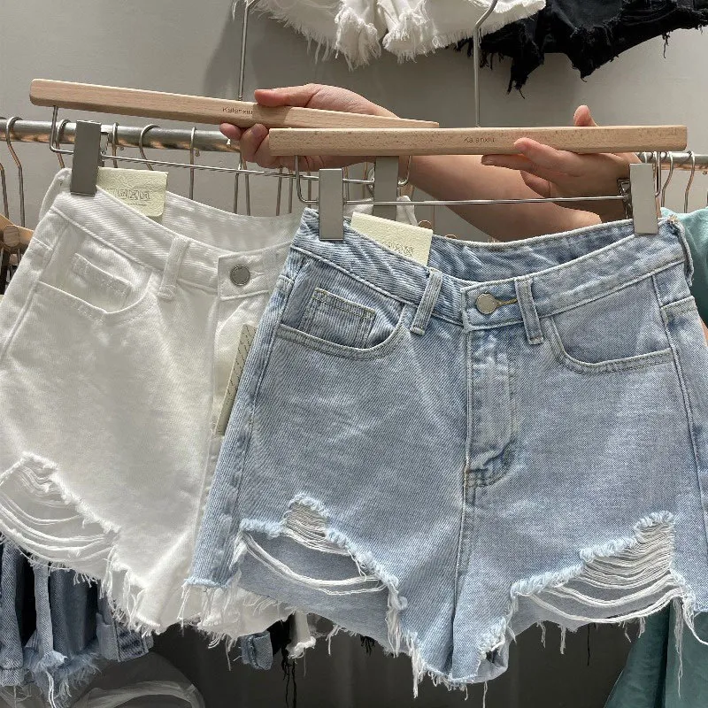 Women's Woolen Denim Shorts - Loose Fit Korean Style A-Line Hot Pants with Holes, Plus Size for Chubby Girls, Perfect for Summer Fashion thumbnail 1
