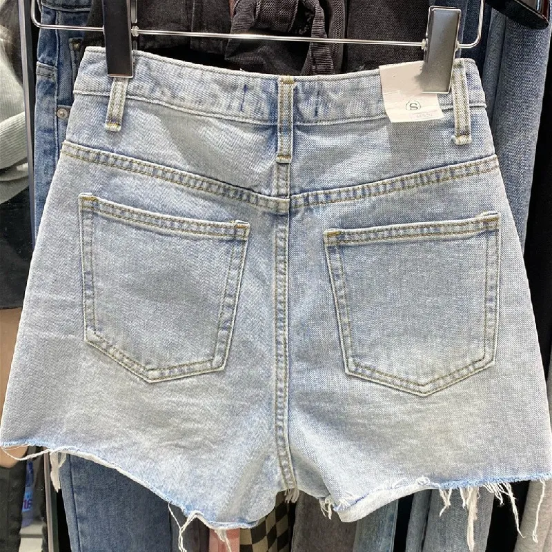 Women's Woolen Denim Shorts - Loose Fit Korean Style A-Line Hot Pants with Holes, Plus Size for Chubby Girls, Perfect for Summer Fashion thumbnail 4