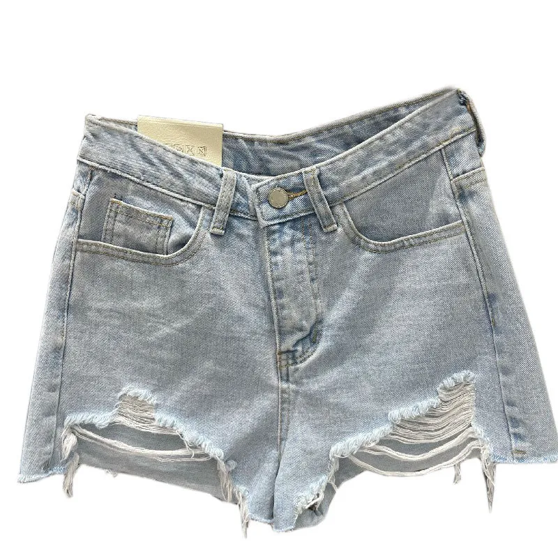 Women's Woolen Denim Shorts - Loose Fit Korean Style A-Line Hot Pants with Holes, Plus Size for Chubby Girls, Perfect for Summer Fashion thumbnail 5