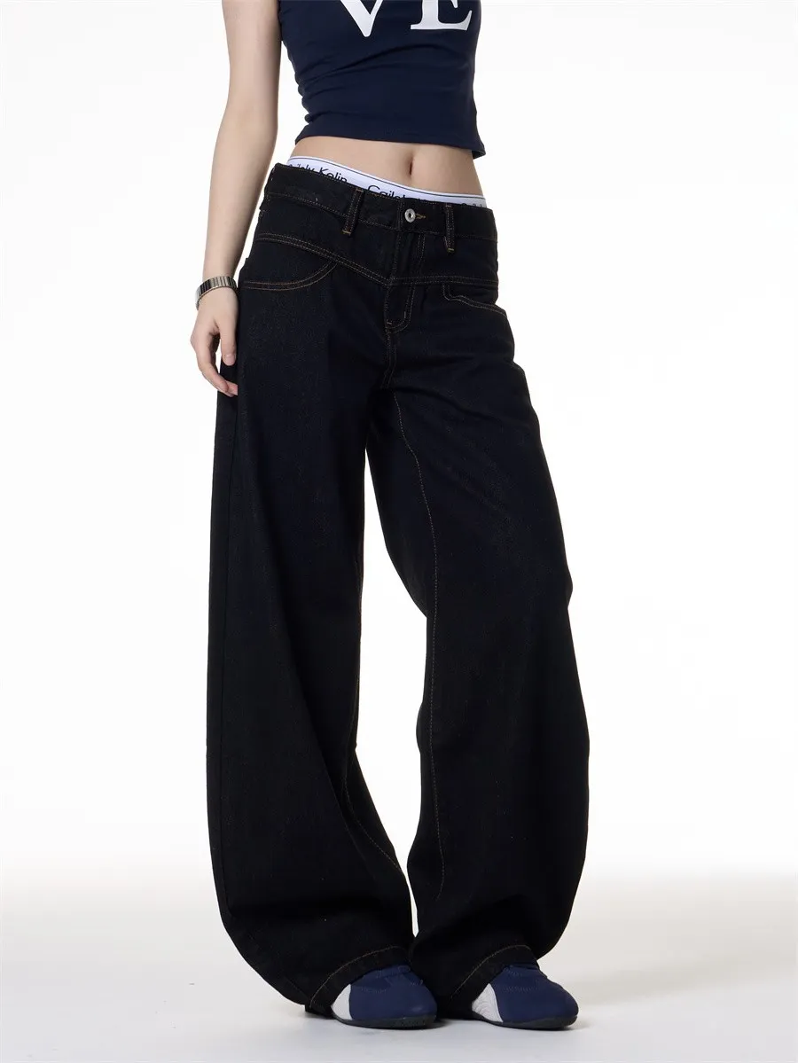 Retro Dark Blue Wide-Leg Jeans for Men & Women - Loose Fit Slimming Versatile Straight Leg Pants showcase 8