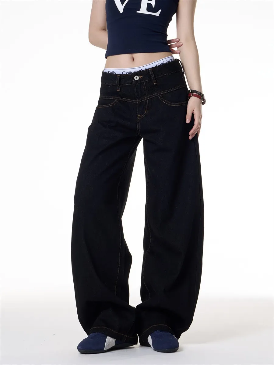 Retro Dark Blue Wide-Leg Jeans for Men & Women - Loose Fit Slimming Versatile Straight Leg Pants showcase 10