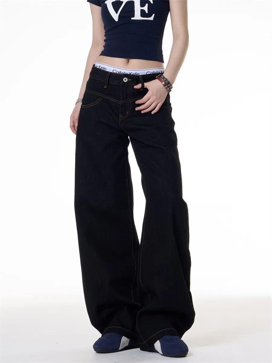 Retro Dark Blue Wide-Leg Jeans for Men & Women - Loose Fit Slimming Versatile Straight Leg Pants showcase 9
