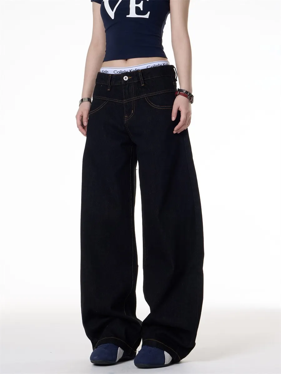 Retro Dark Blue Wide-Leg Jeans for Men & Women - Loose Fit Slimming Versatile Straight Leg Pants showcase 3