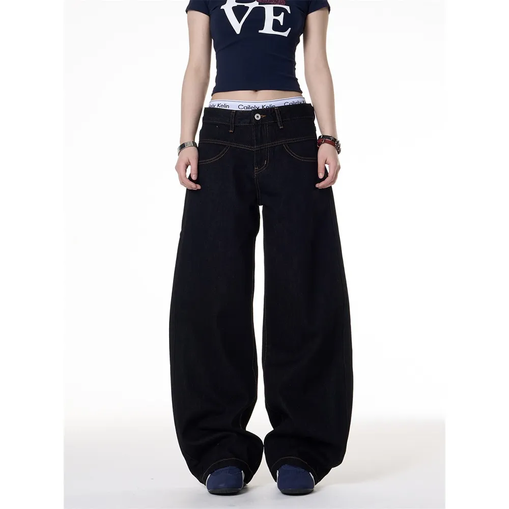 Retro Dark Blue Wide-Leg Jeans for Men & Women - Loose Fit Slimming Versatile Straight Leg Pants - Image 4