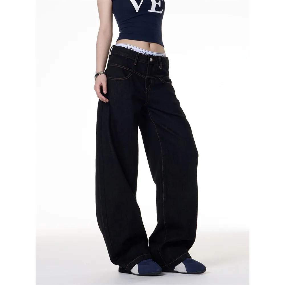 Retro Dark Blue Wide-Leg Jeans for Men & Women - Loose Fit Slimming Versatile Straight Leg Pants - Image 1