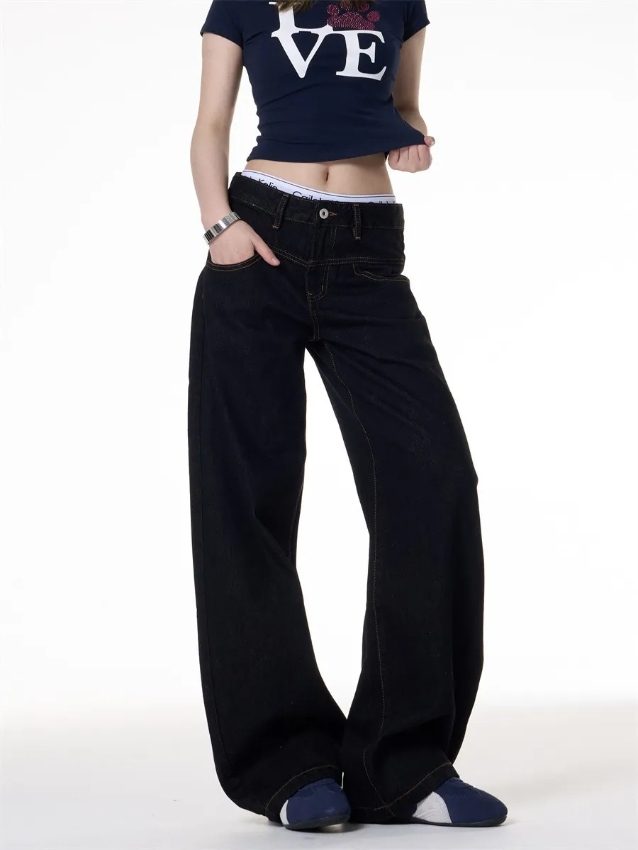 Retro Dark Blue Wide-Leg Jeans for Men & Women - Loose Fit Slimming Versatile Straight Leg Pants showcase 2