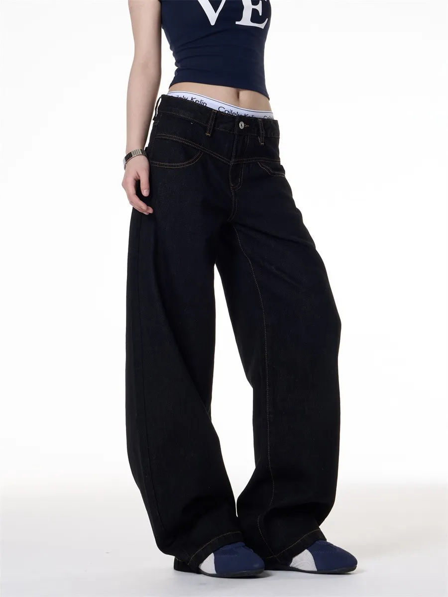 Retro Dark Blue Wide-Leg Jeans for Men & Women - Loose Fit Slimming Versatile Straight Leg Pants showcase 13
