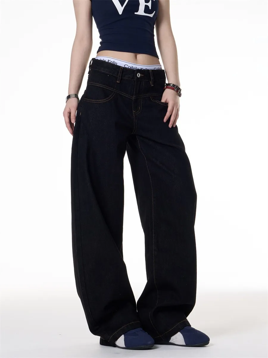 Retro Dark Blue Wide-Leg Jeans for Men & Women - Loose Fit Slimming Versatile Straight Leg Pants showcase 6