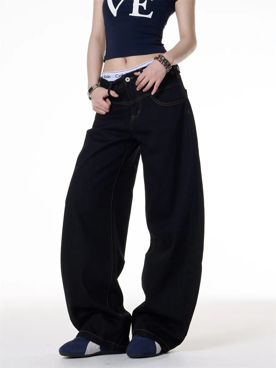 Retro Dark Blue Wide-Leg Jeans for Men & Women - Loose Fit Slimming Versatile Straight Leg Pants showcase 4
