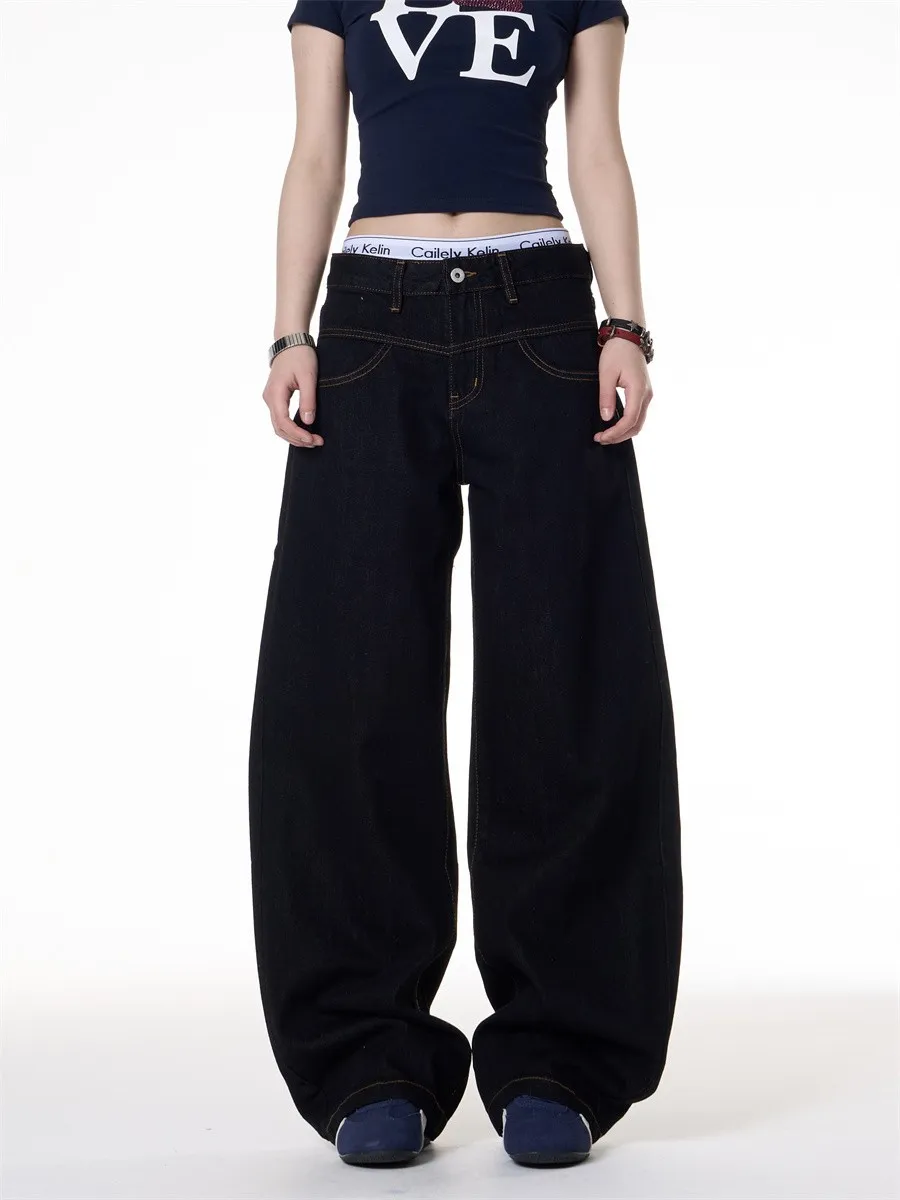 Retro Dark Blue Wide-Leg Jeans for Men & Women - Loose Fit Slimming Versatile Straight Leg Pants showcase 12