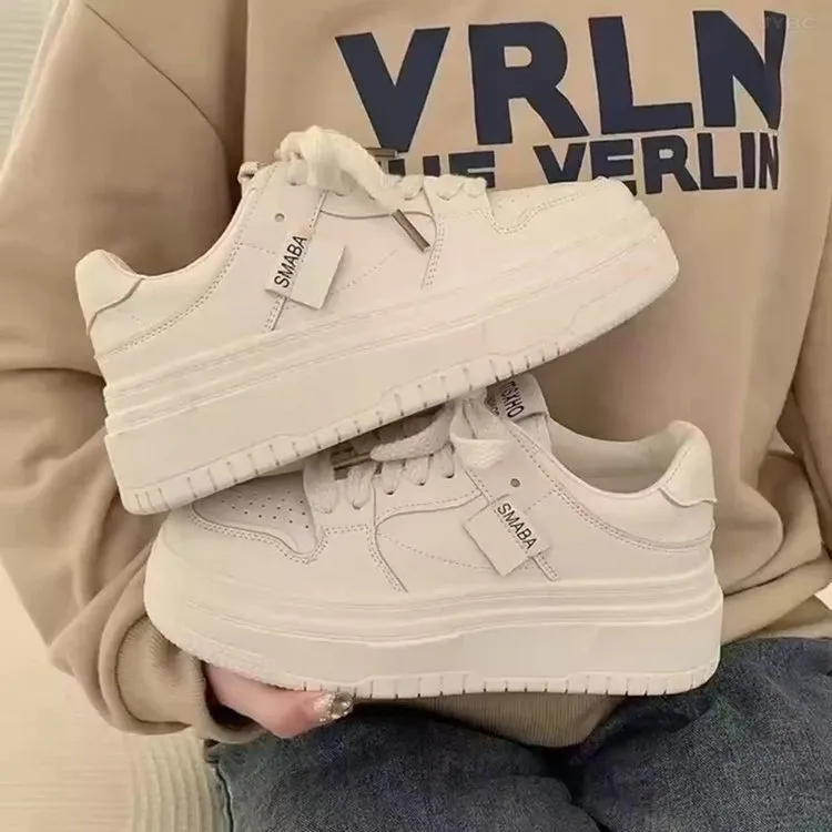 Women's Fashion White Casual Sneakers - Thick Sole, Breathable, Trendy Board Shoes for Students, Autumn 2023 Collection showcase 16