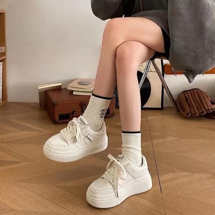 Women's Fashion White Casual Sneakers - Thick Sole, Breathable, Trendy Board Shoes for Students, Autumn 2023 Collection thumbnail 4