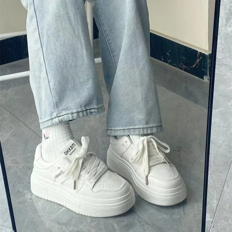 Women's Fashion White Casual Sneakers - Thick Sole, Breathable, Trendy Board Shoes for Students, Autumn 2023 Collection thumbnail 3