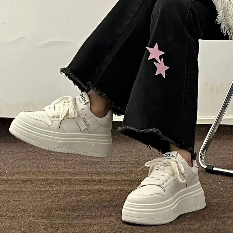 Women's Fashion White Casual Sneakers - Thick Sole, Breathable, Trendy Board Shoes for Students, Autumn 2023 Collection showcase 12