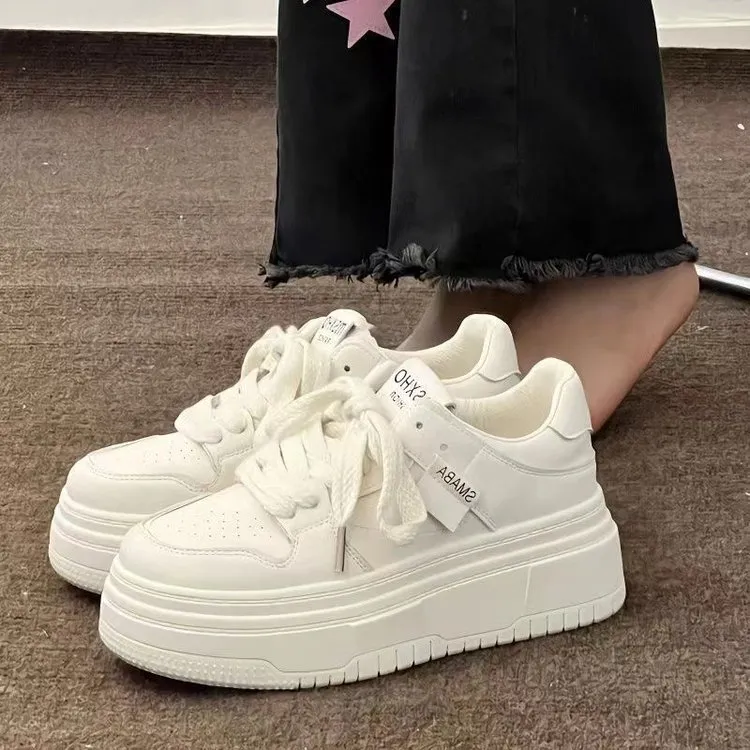 Women's Fashion White Casual Sneakers - Thick Sole, Breathable, Trendy Board Shoes for Students, Autumn 2023 Collection showcase 1
