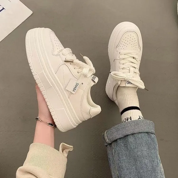 Women's Fashion White Casual Sneakers - Thick Sole, Breathable, Trendy Board Shoes for Students, Autumn 2023 Collection showcase 11