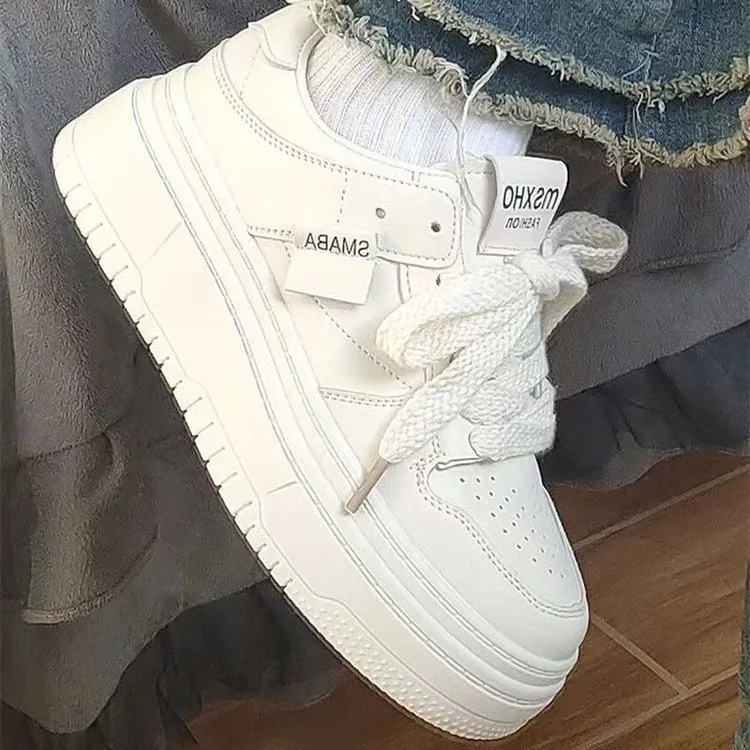 Women's Fashion White Casual Sneakers - Thick Sole, Breathable, Trendy Board Shoes for Students, Autumn 2023 Collection showcase 8