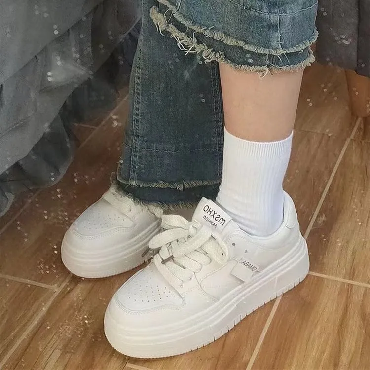 Women's Fashion White Casual Sneakers - Thick Sole, Breathable, Trendy Board Shoes for Students, Autumn 2023 Collection showcase 6