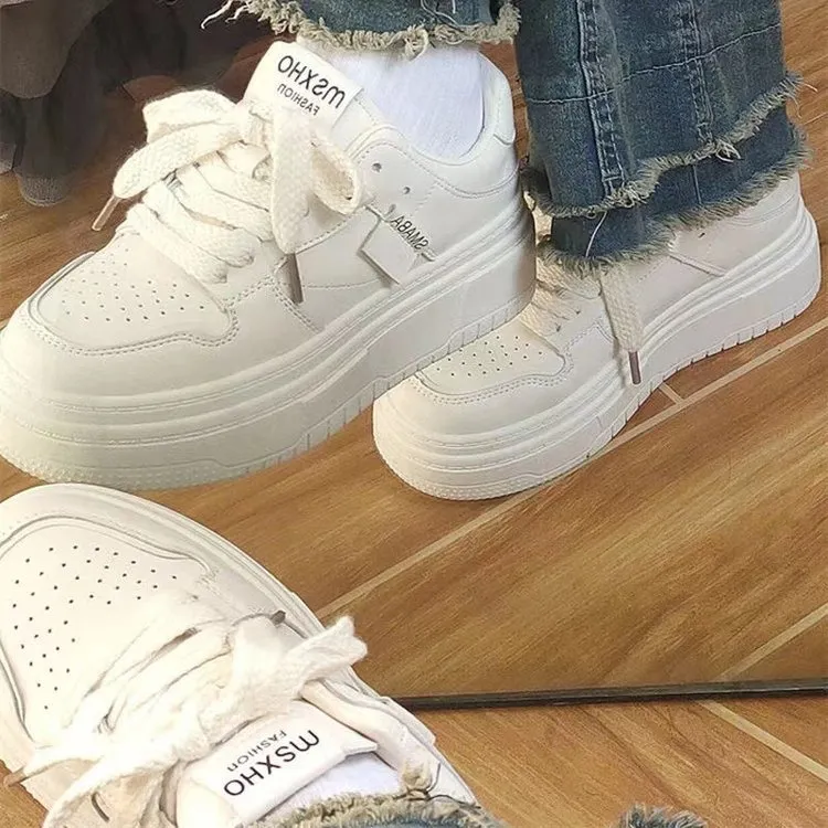 Women's Fashion White Casual Sneakers - Thick Sole, Breathable, Trendy Board Shoes for Students, Autumn 2023 Collection showcase 7