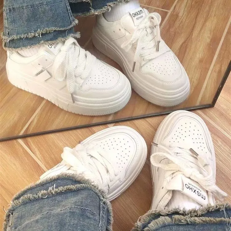 Women's Fashion White Casual Sneakers - Thick Sole, Breathable, Trendy Board Shoes for Students, Autumn 2023 Collection showcase 9