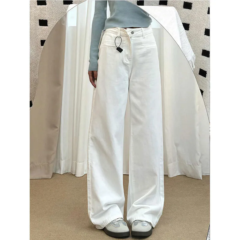 Women's White Wide-Leg Jeans 2025 Autumn Winter Collection High-Waisted Loose Fit Draped Small Straight-Leg Floor-Length Trousers for Fashionable Ladies thumbnail 7