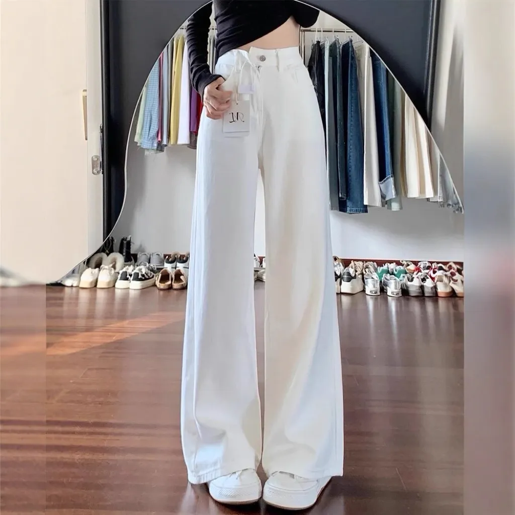Women's White Wide-Leg Jeans 2025 Autumn Winter Collection High-Waisted Loose Fit Draped Small Straight-Leg Floor-Length Trousers for Fashionable Ladies thumbnail 1