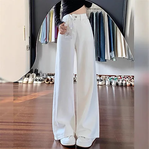 Women's White Wide-Leg Jeans 2025 Autumn Winter Collection High-Waisted Loose Fit Draped Small Straight-Leg Floor-Length Trousers for Fashionable Ladies