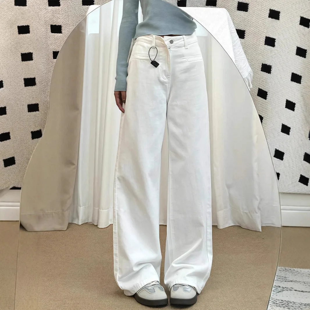 Women's White Wide-Leg Jeans 2025 Autumn Winter Collection High-Waisted Loose Fit Draped Small Straight-Leg Floor-Length Trousers for Fashionable Ladies thumbnail 3