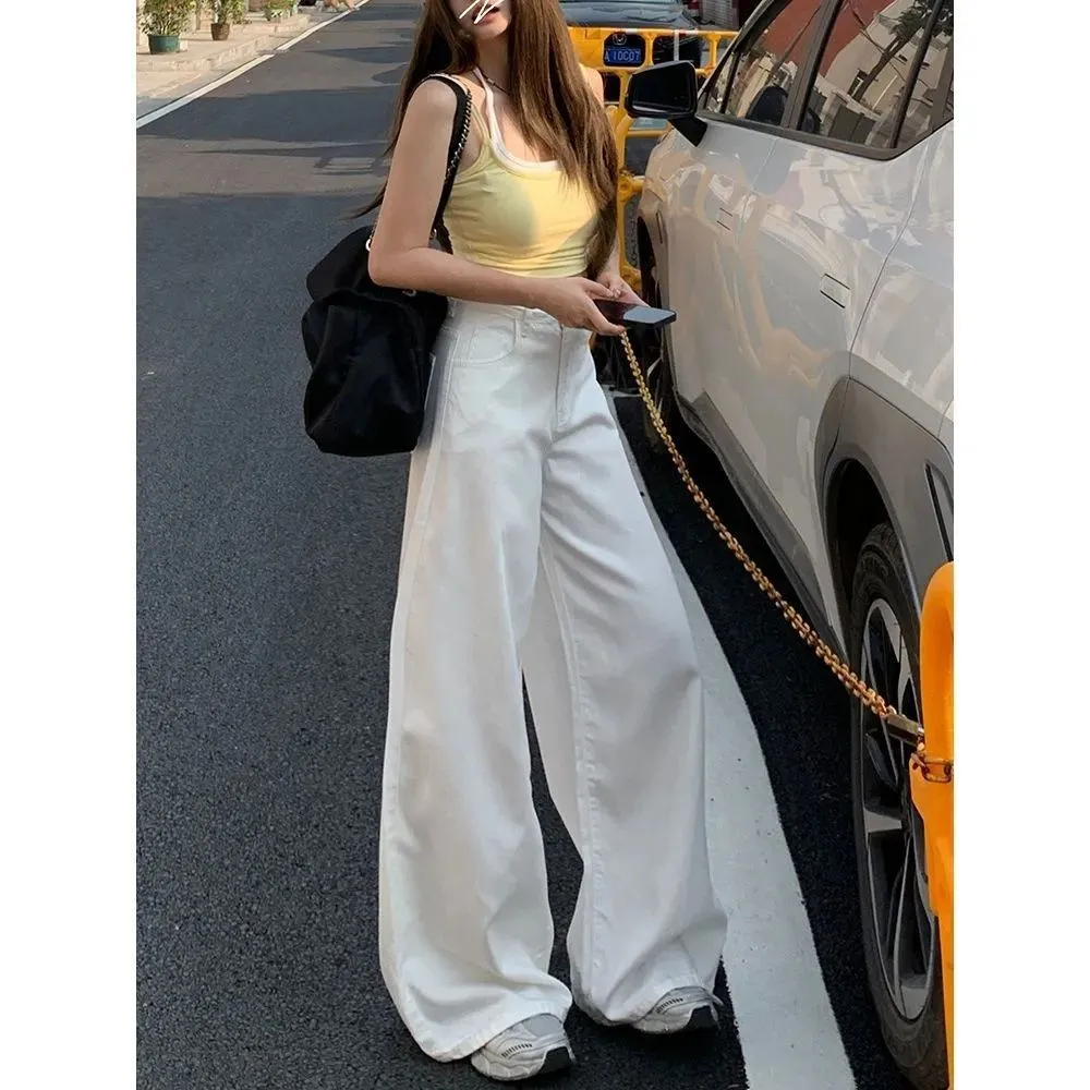 Women's American White Wide-Leg Jeans - 2025 Autumn Collection High-Waist Slim Fit Draped Straight Floor-Length Pants for Fashionable Ladies thumbnail 3
