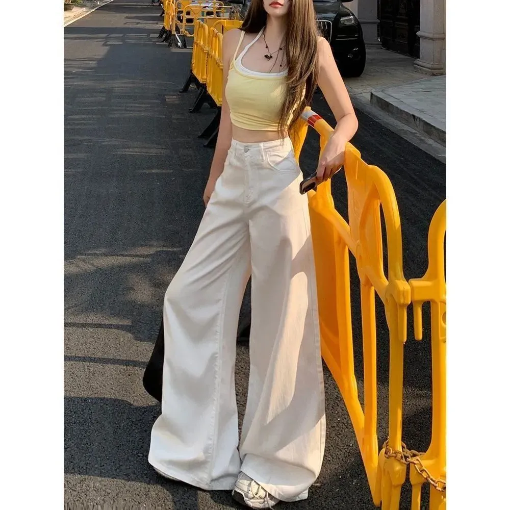 Women's American White Wide-Leg Jeans - 2025 Autumn Collection High-Waist Slim Fit Draped Straight Floor-Length Pants for Fashionable Ladies thumbnail 4
