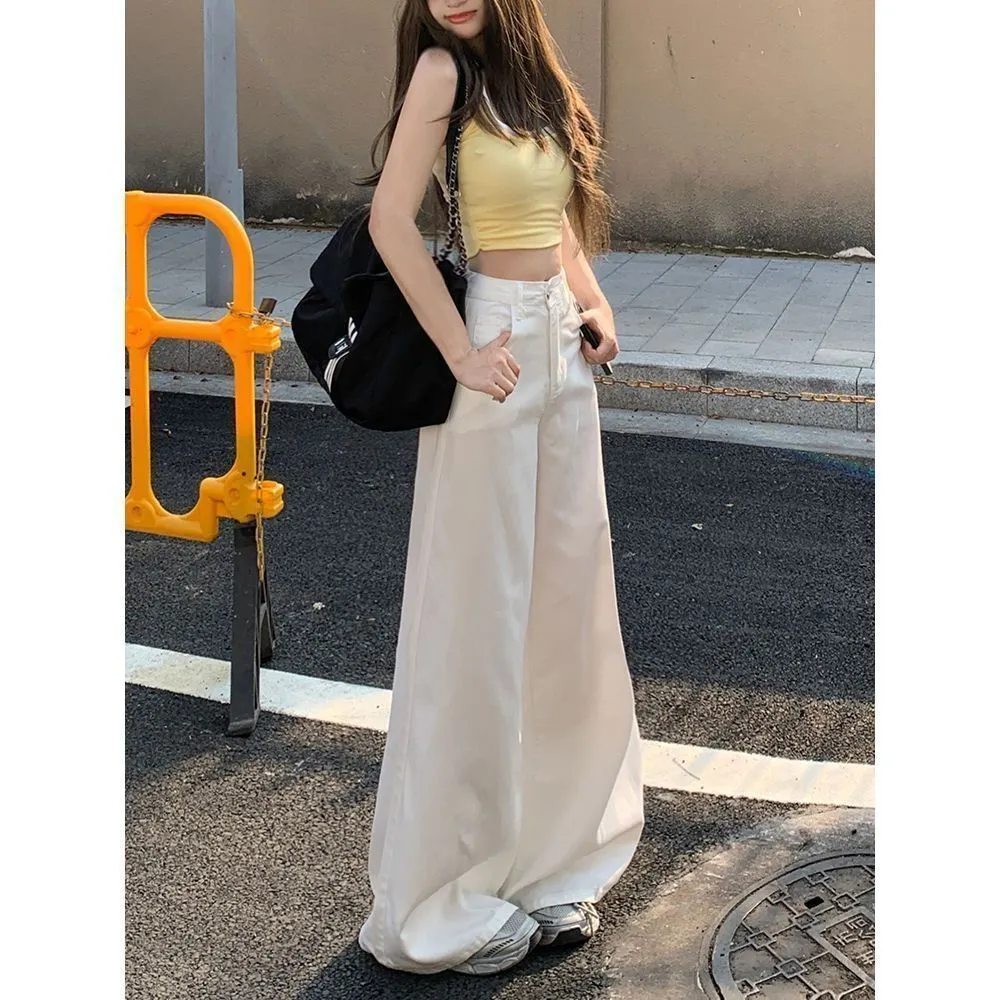 Women's American White Wide-Leg Jeans - 2025 Autumn Collection High-Waist Slim Fit Draped Straight Floor-Length Pants for Fashionable Ladies showcase 6