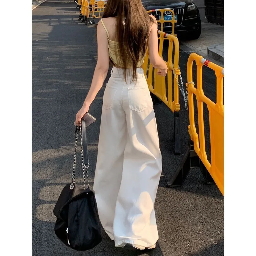 Women's American White Wide-Leg Jeans - 2025 Autumn Collection High-Waist Slim Fit Draped Straight Floor-Length Pants for Fashionable Ladies showcase 3