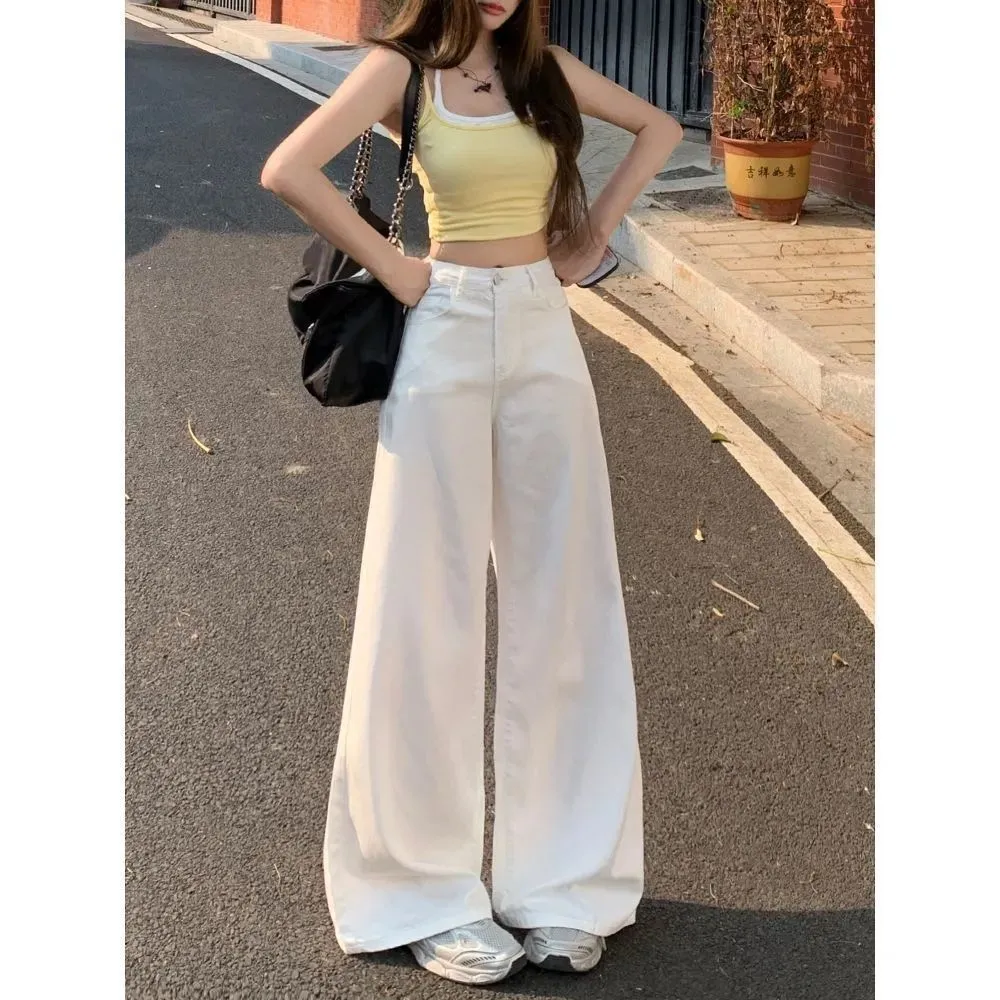 Women's American White Wide-Leg Jeans - 2025 Autumn Collection High-Waist Slim Fit Draped Straight Floor-Length Pants for Fashionable Ladies thumbnail 6