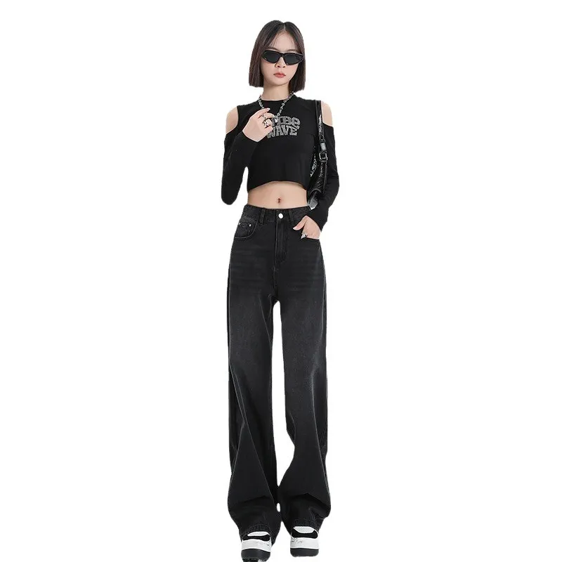 Women's Black & Gray High-Waisted Wide-Leg Jeans - Versatile Loose Drape Straight Pants for Spring/Summer, Retro American Style - Image 4