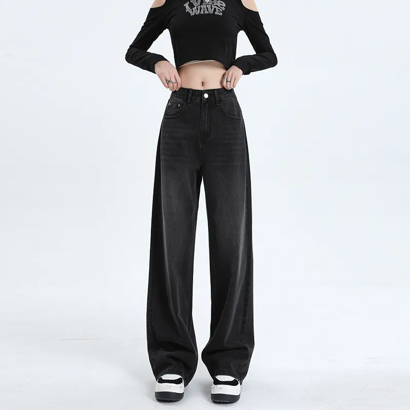 Women's Black & Gray High-Waisted Wide-Leg Jeans - Versatile Loose Drape Straight Pants for Spring/Summer, Retro American Style - Image 2