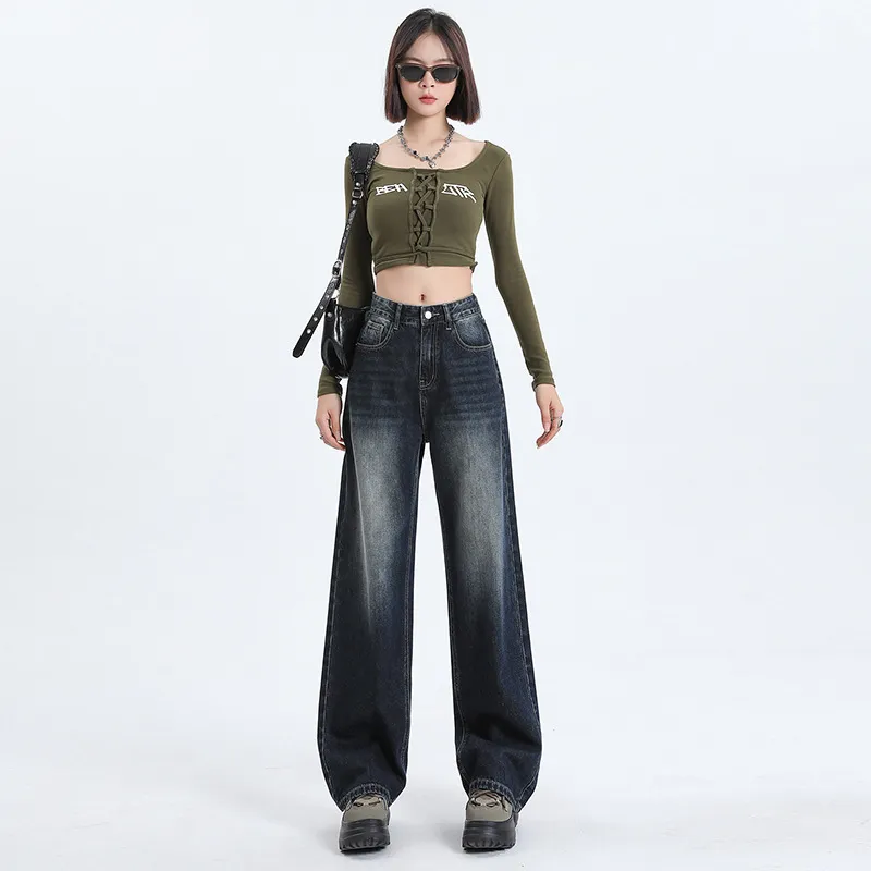 Women's Black & Gray High-Waisted Wide-Leg Jeans - Versatile Loose Drape Straight Pants for Spring/Summer, Retro American Style - Image 3