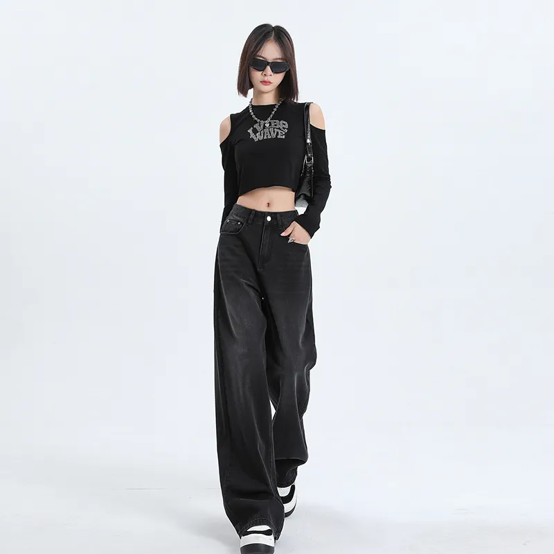 Women's Black & Gray High-Waisted Wide-Leg Jeans - Versatile Loose Drape Straight Pants for Spring/Summer, Retro American Style - Image 1
